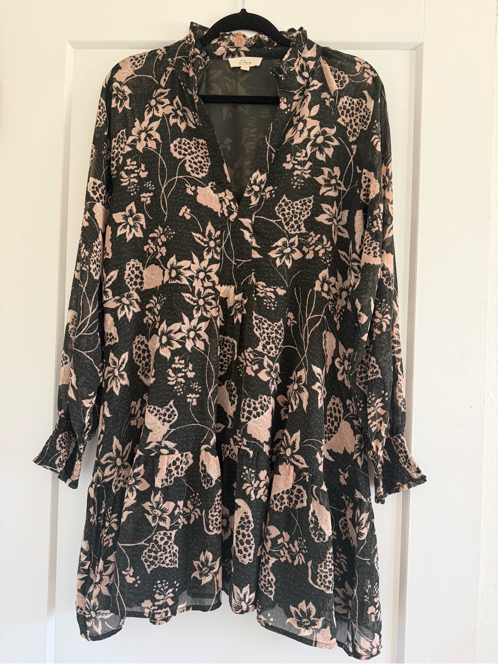Elan Dark Green Mini Dress with Blush Floral Print - Long Sleeve